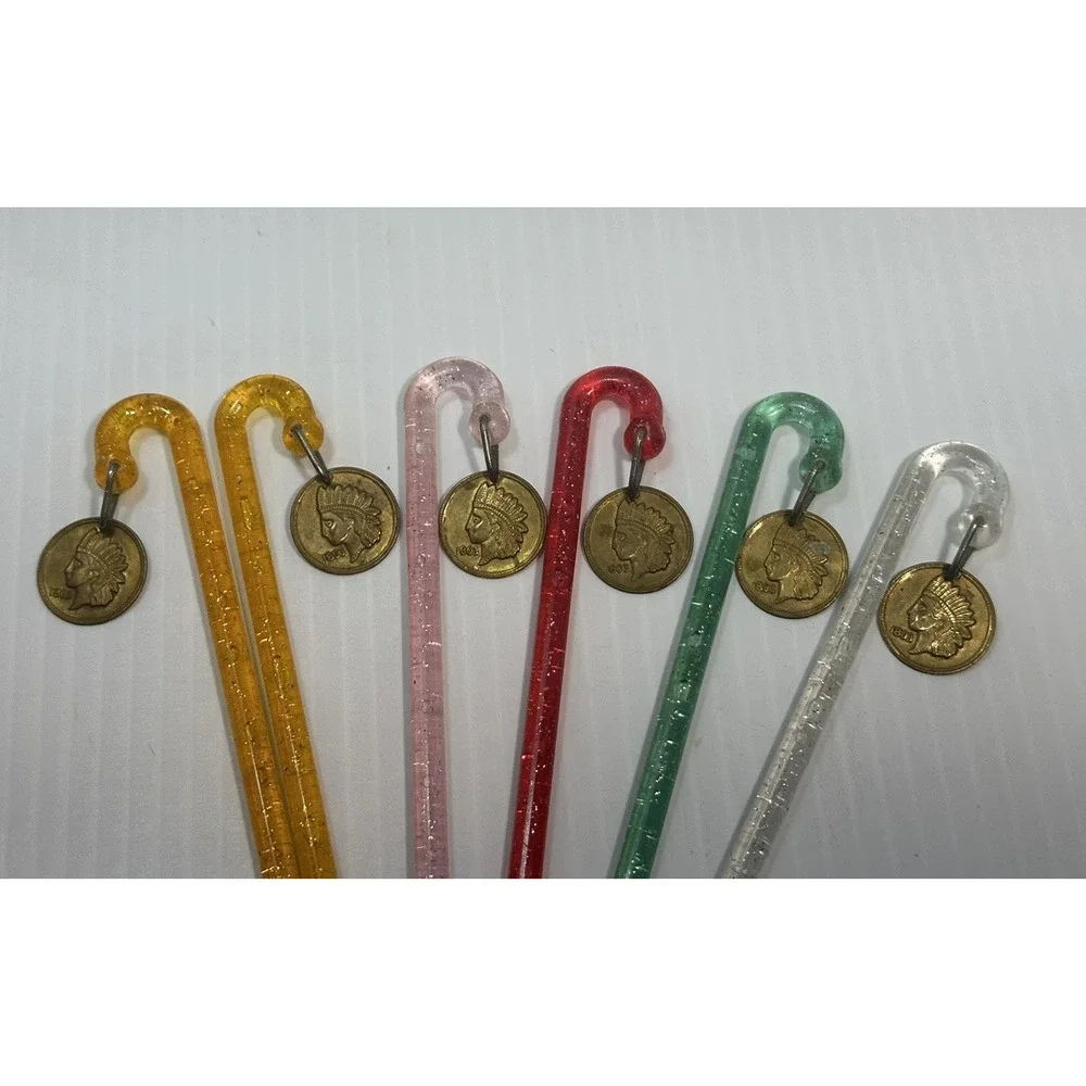 VTG Indianhead Penny Swizzle‎ Stick Drink Garnish Glitter Candy Cain Barware Bar